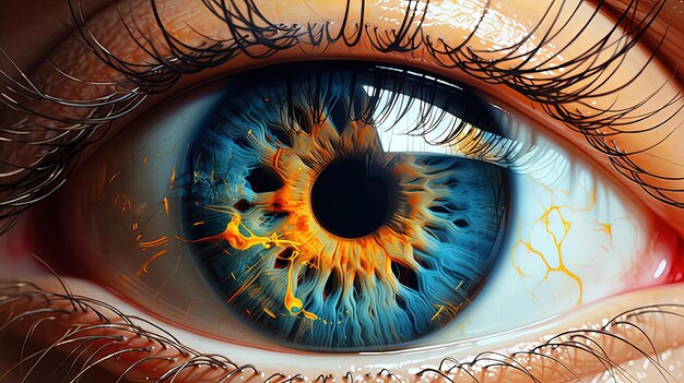 Primer plano de los ojos al estilo de una pintura detallada de aceite hiperrealista azul y ámbar.