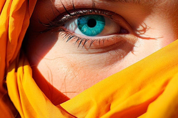 Primer plano de ojos azules a la luz del sol retrato de mujer con pañuelo amarillo