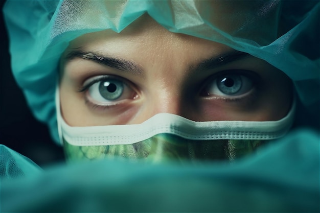 Primer plano de los ojos y la cara de la doctora con máscara de protección AI generativa