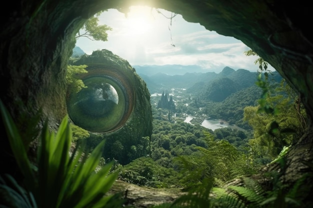 Primer plano de ojos extraterrestres mirando un paisaje exuberante y verde creado con ai generativo