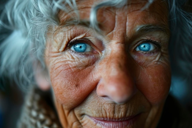 Un primer plano de los ojos de una hermosa anciana mirando a la cámara y sonriendo maravillosamente