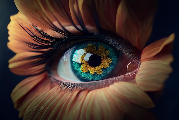 Primer plano de los ojos con iris azul en pétalos de flores de naranja