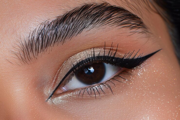 Primer plano de ojos marrones oscuros con delineador de ojos pestañas negras sombra de ojos en piel bronceada con iluminación de estudio