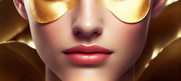 Primer plano de los ojos de una mujer joven con parches dorados en los ojos Belleza femenina natural Cuidado de la piel y concepto de belleza Generado por IA