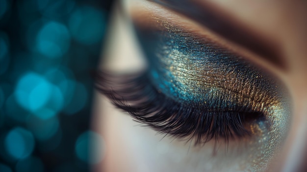 Un primer plano de los ojos de una mujer con maquillaje azul y dorado