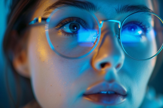 Un primer plano de los ojos de una mujer que reflejan la luz azul de una pantalla que destaca su mirada enfocada AI Gen