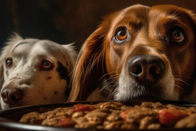 Foto primer plano de los ojos de un perro con un plato de comida en el fondo creado con ai generativa