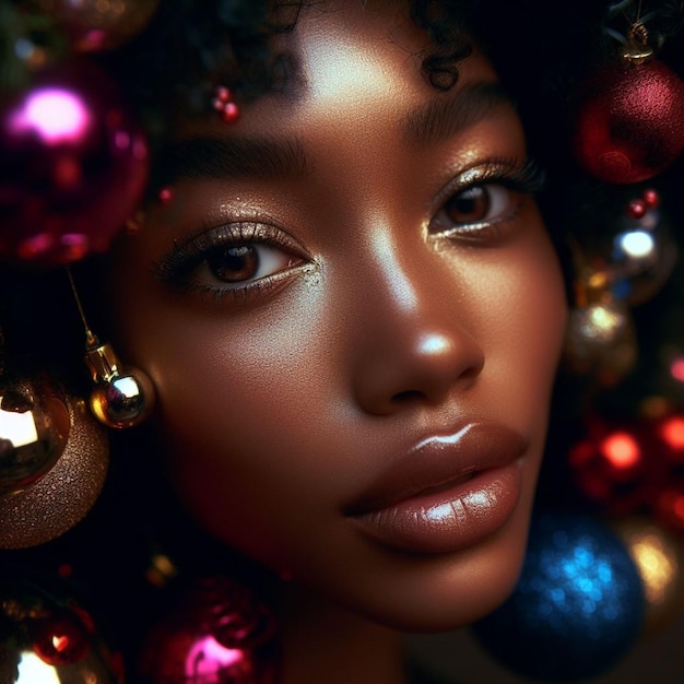 Un primer plano de los ojos de una persona refleja un ambiente cálido navideño, adornos y luces.