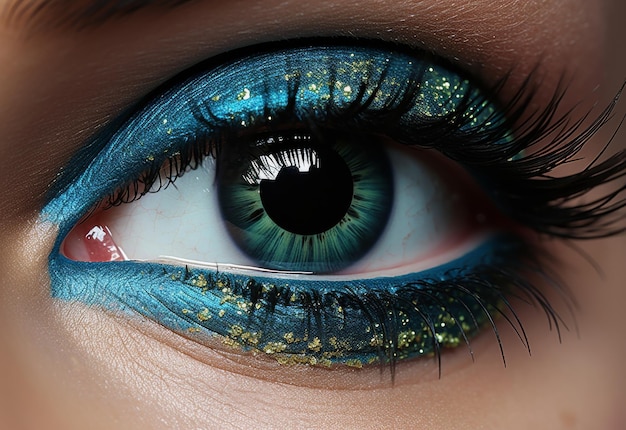 Un primer plano de los ojos de las personas con maquillaje azul y verde.