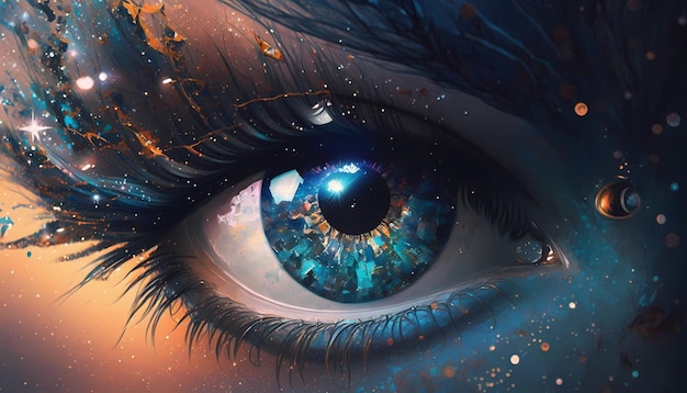 Un primer plano de ojos que están llenos de elementos cósmicos ilustración de arte digital