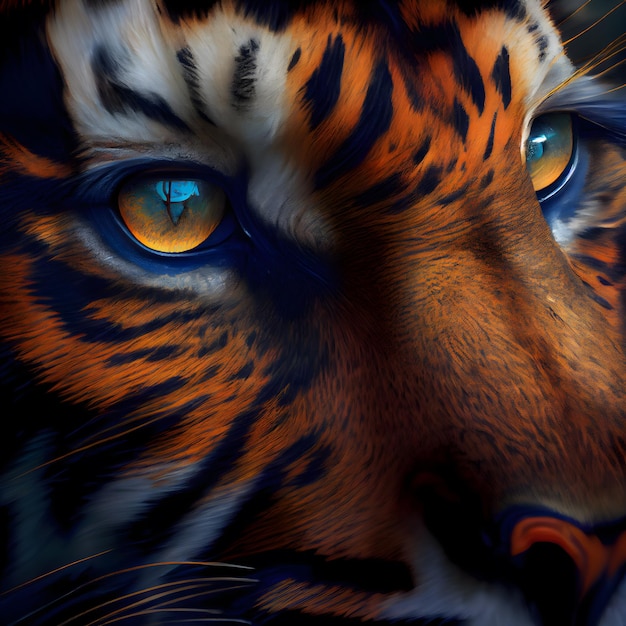 Primer plano de ojos de tigre Representación 3D de fondo abstracto