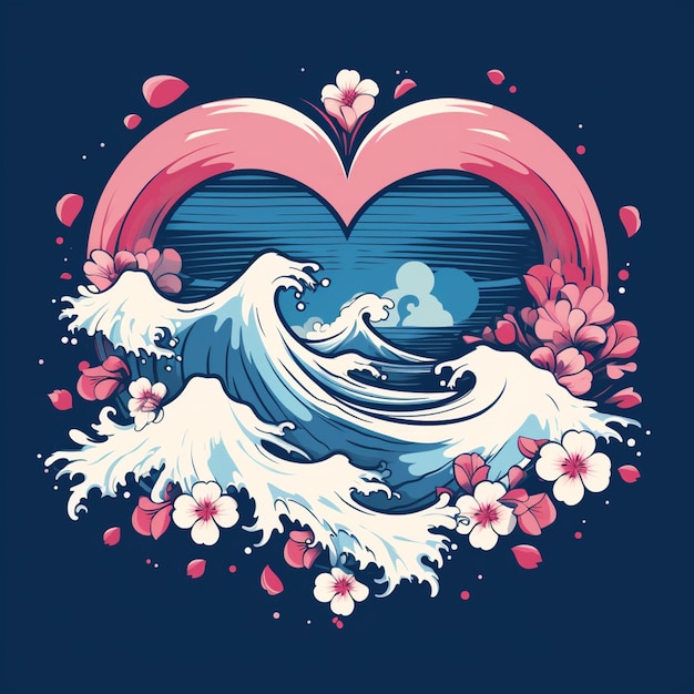 un primer plano de una ola en forma de corazón con flores y corazones ai generativo