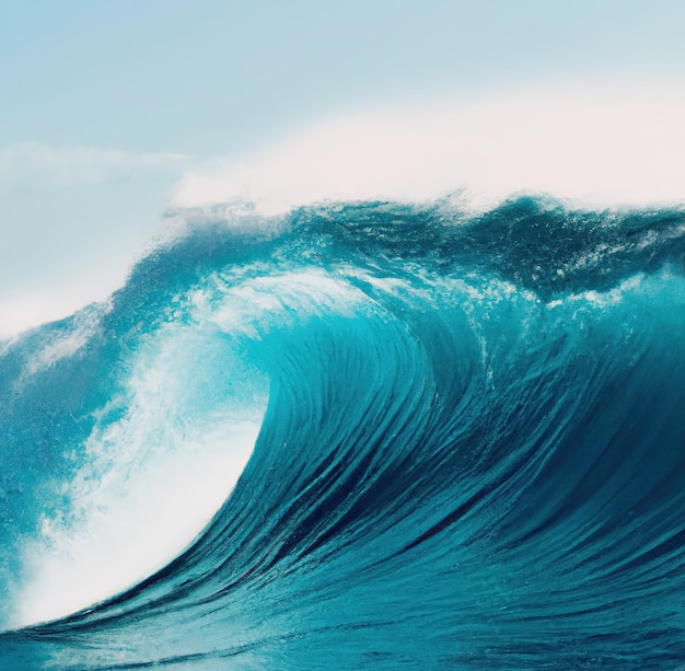 Primer plano de una ola oceánica clara y azul sobre un cielo azul creada con tecnología de IA generativa