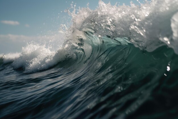 Primer plano de una ola rompiendo con gotitas de agua volando por el aire