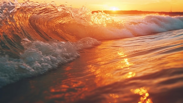 Primer plano de las olas de la playa con puesta de sol