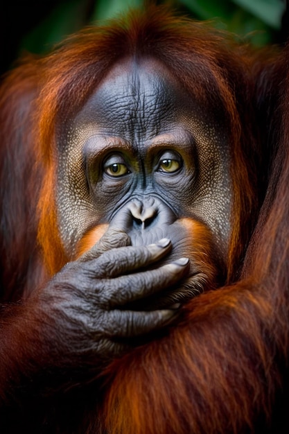 Primer plano de oranguel sosteniendo sus manos junto con su cara IA generativa