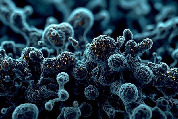 Un primer plano de un organismo microscópico posiblemente una bacteria o un virus