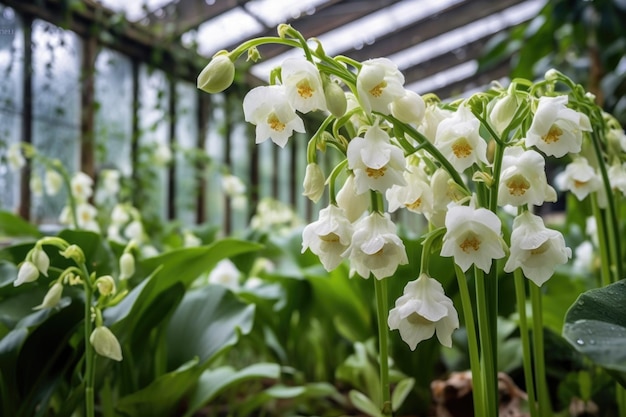 Primer plano de una orquídea floreciente en un invernadero victoriano creado con ai generativo