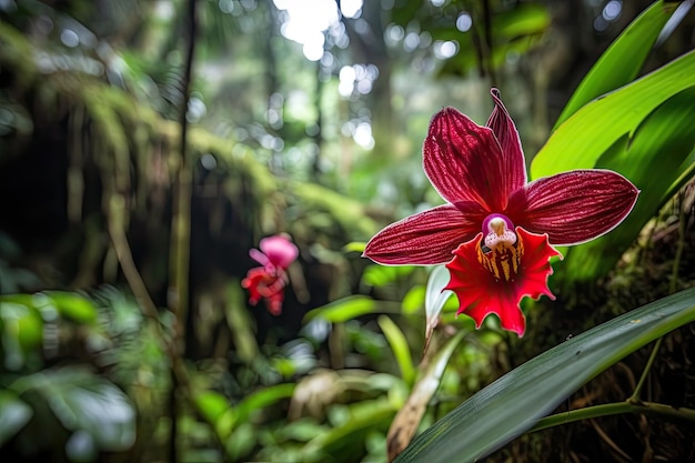 Primer plano de una orquídea roja en medio de una exuberante vegetación selvática creada con ai generativo