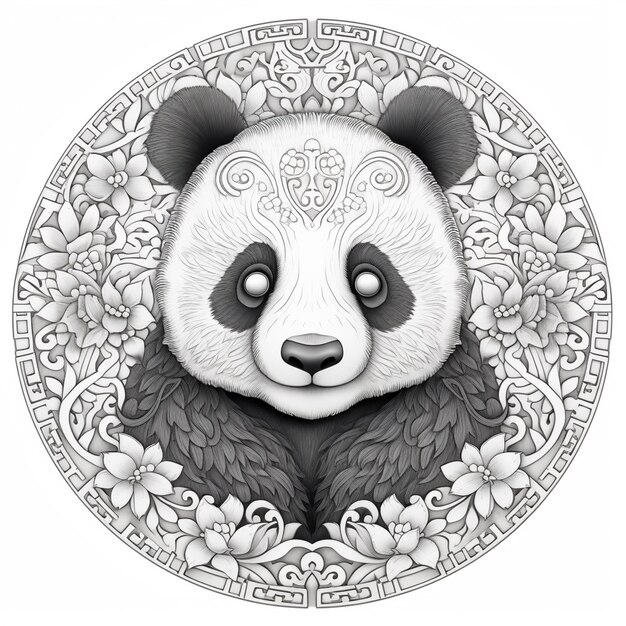 un primer plano de un oso panda con un diseño circular en él