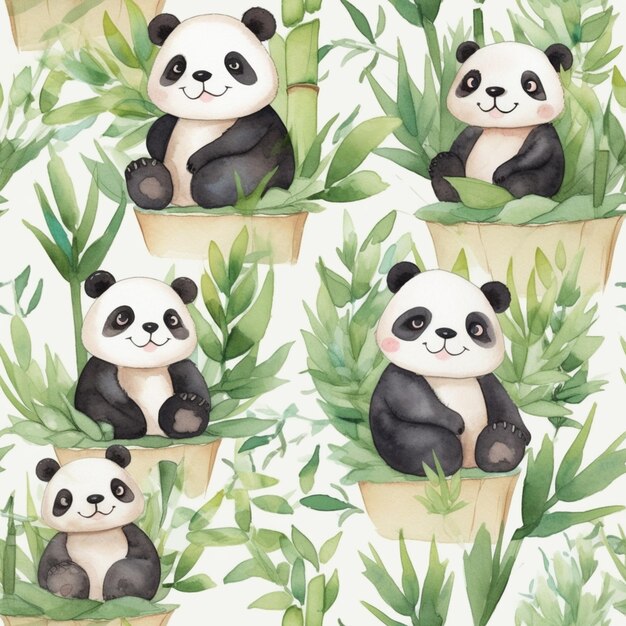 Foto un primer plano de un oso panda sentado en una olla con plantas generativas ai