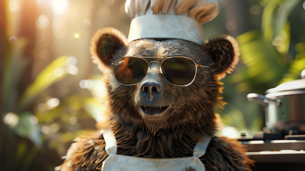 Un primer plano de un oso pardo con gafas de sol y un sombrero de chef está de pie en un exuberante bosque iluminado por el sol El oso está sonriendo y parece feliz