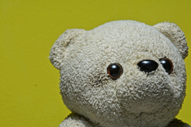 Primer plano de un oso de peluche contra un fondo amarillo