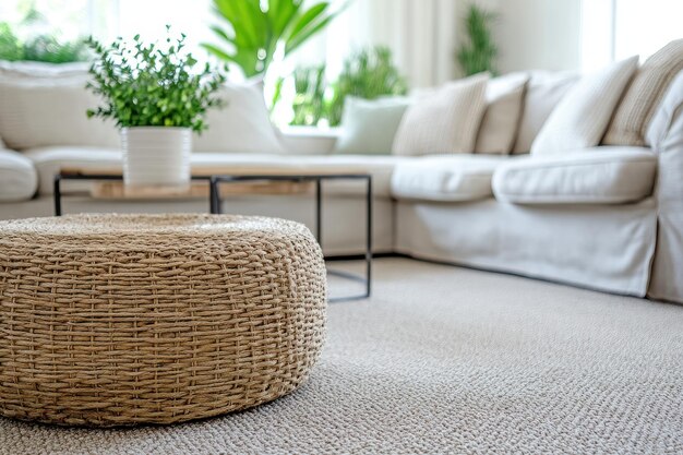 Un primer plano de un otomano de mimbre en una sala de estar moderna con un sofá blanco y una mesa de café negra