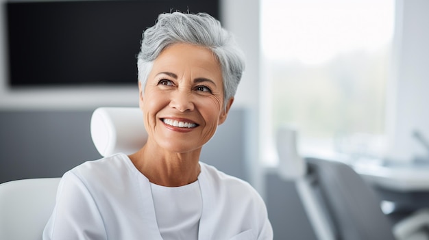 Primer plano de una paciente sonriente en una silla dental que se somete a un tratamiento con instrumentos dentales Odontología Concepto de medicina moderna