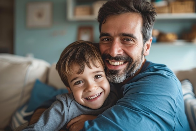 Un primer plano de un padre feliz y un bebé encantador sonriendo