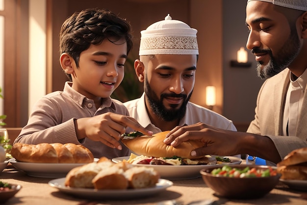 Primer plano de un padre musulmán pasando a su hijo Lafah Pan durante la cena en la mesa de comedor en el Ramadán