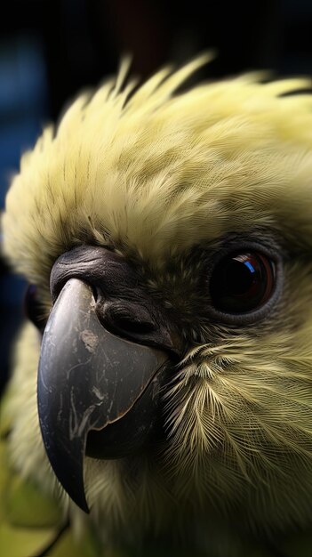 un primer plano de un pájaro amarillo y blanco con un pico negro