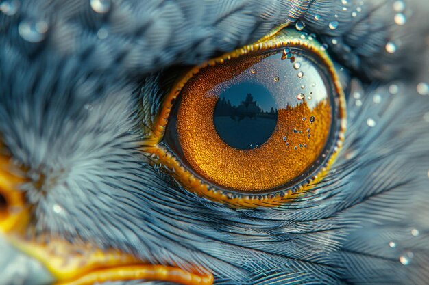 Un primer plano de un pájaro azul con gotas de agua en la cabeza