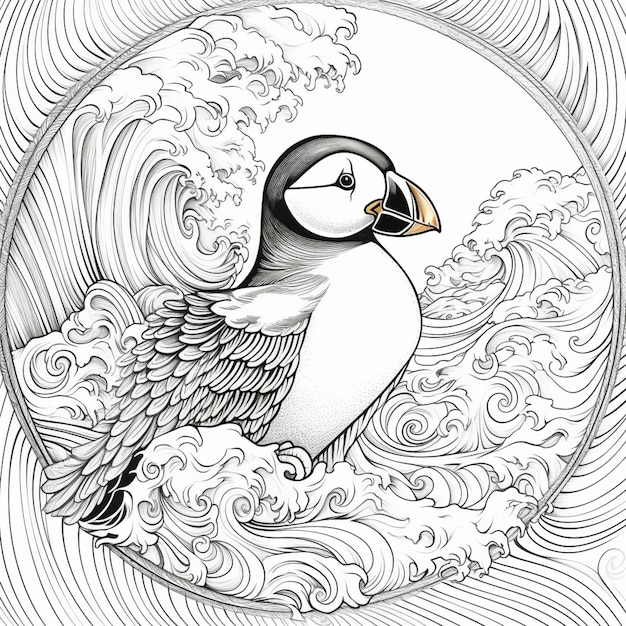 un primer plano de un pájaro en una ola con un círculo en el fondo generativo ai
