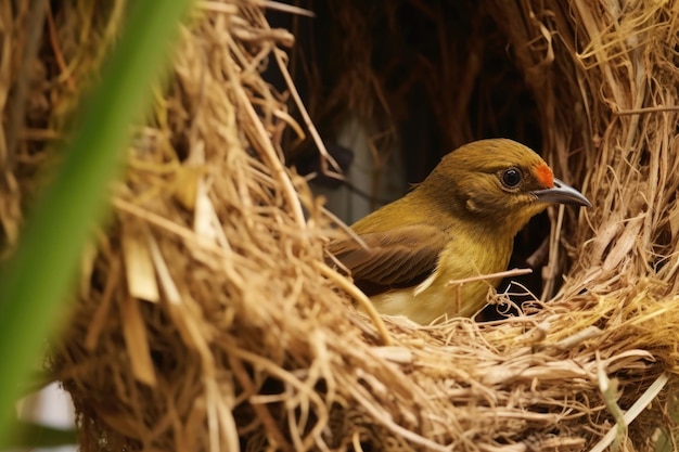 Primer plano de un pájaro tejedor tejiendo nidos con hierba