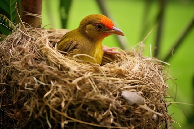 Primer plano de un pájaro tejedor tejiendo nidos con hierba