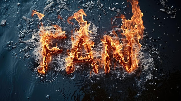 Primer plano de la palabra ardiente con elementos de agua que yuxtaponen las llamas y la fluidez