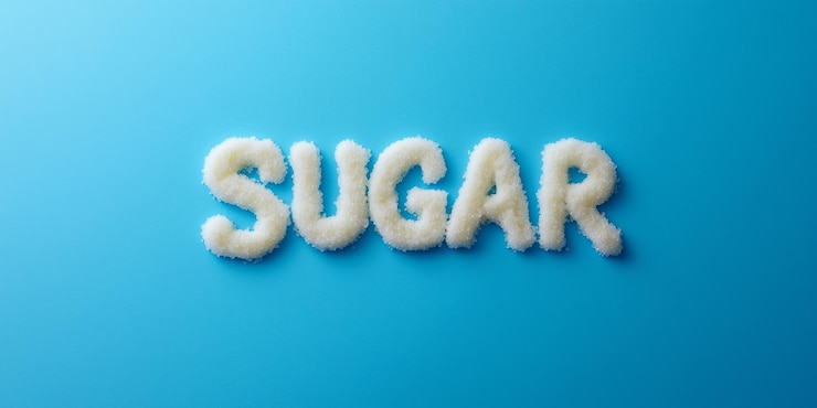 Foto primer plano de la palabra sugar creado utilizando gránulos de azúcar sueltos sobre un fondo azul brillante