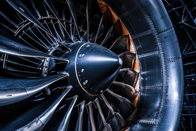 Primer plano de las palas de los motores turbofan modernos sobre un fondo negro