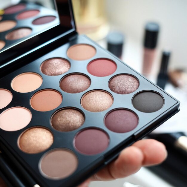 Un primer plano de una paleta de maquillaje abierta que muestra varios tonos de sombra de ojos mate y brillantes
