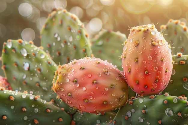 Foto un primer plano de las paletas de cactus de pera espinosa vibrantes con frutos maduros a la luz del sol