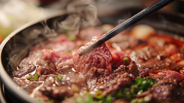 Un primer plano de palillos recogiendo suculentas rebanadas de carne de res de una olla caliente burbujeante que muestra la deliciosidad y frescura de los ingredientes