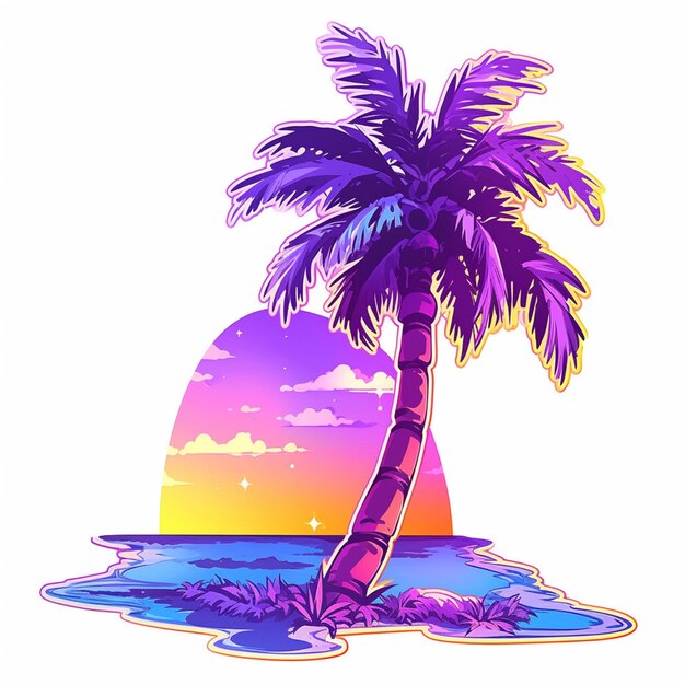 un primer plano de una palmera en una playa con una puesta de sol en el fondo generativo ai