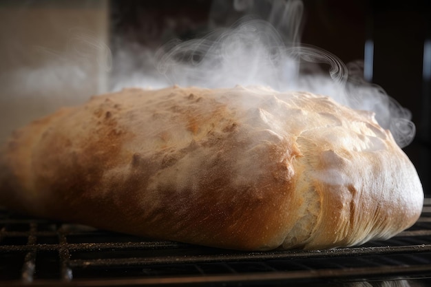 Primer plano de pan crujiente caliente con vapor saliendo del horno creado con ai generativo