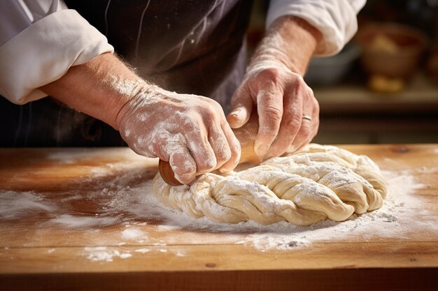 Un primer plano de un panadero dando forma a la masa de pastelería danesa