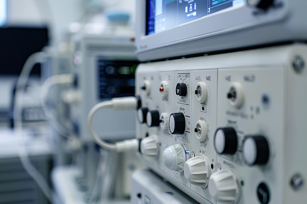 Un primer plano de un panel de control de máquina en un laboratorio médico la matriz de botones e interruptores que crean un patrón abstracto