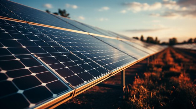 un primer plano de un panel solar en un campo con un fondo generativo del cielo ai