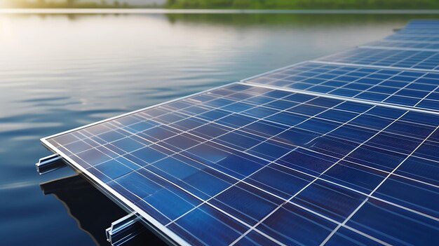 Primer plano de un panel solar flotante en el agua IA generativa