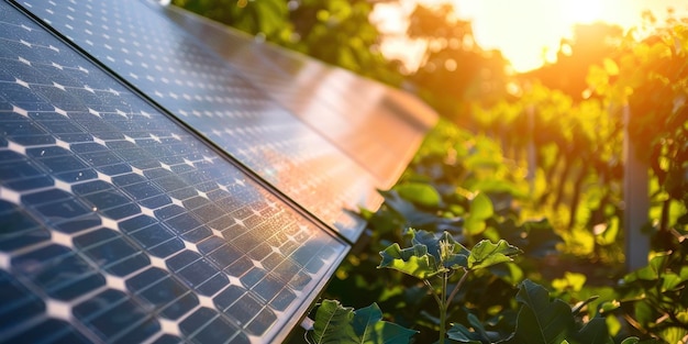 Un primer plano de los paneles solares en un campo agrícola con plantas verdes a la luz del atardecer