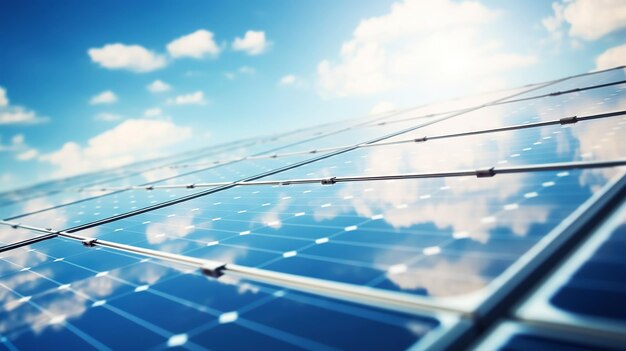 Primer plano Paneles solares en el cielo azul nublado Generación de energía solar Energías renovables IA generativa
